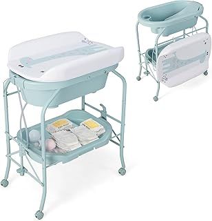 COSTWAY 4 in 1 Baby Changing Table, Folding Infant Nursery Station with Bath Tub, 4 Universal Wheels, PVC Pad and Storage Tray, Portable Newborn Massage Tables Diaper Organizer (Blue)