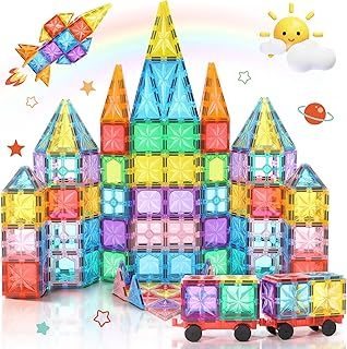 Lovchil Magnetic Tiles STEM Magnetic Blocks Building Toys Preschool Learning Sensory Toys Construction Educational Toys for 3 Years Old Boys and Girls Age 4 5 6 Year Old Gifts Creative Kids Toys 61PCS