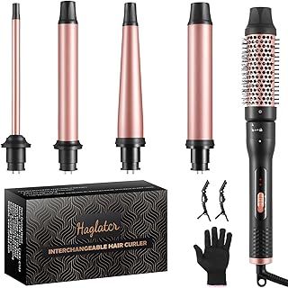 Curling Wand 5 in 1, Hair Curler Ceramic Curling Iron Set with 5 Interchangeable Straightener Brush Barrels for Long Thick Thin Hair, Hair Styling Tools with Glove