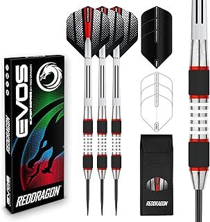 RED DRAGON Darts – Axis Red Series 28g– Steel Tip 85% Tungsten Professional Darts Set with Dart Flights, Stems & Wallet