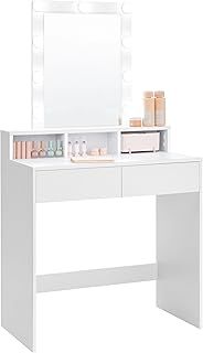 VASAGLE Dressing Table, LED Lights with Adjustable Brightness, Vanity Table with Mirror, 2 Drawers and 3 Compartments, Makeup Table, Modern, White RDT194T14