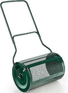 TANGZON 27 Inch Compost Spreader, 76l Peat Moss Spreader with Upgrade U-shaped Handle, Heavy Duty Metal Mesh Push Topsoil Fertilizer Manure Spreader for Lawn and Garden (Green)
