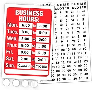 Opening Hours Sign Kit - Bright Red and White Colors - 7.7 x 11.7" - Includes 4 Double Sided Adhesives and Number Sticker Set - Ideal Opening Time Sign for Shop Window