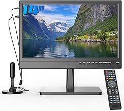 ZOSHING 14" Small 1080P screen TV with freeview Reception and Aerial,Two Power AC/DC-12V,HDMI-USB-VGA Input Ports for Camper/Monitors/kitchens