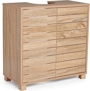 VonHaus Under Sink Bathroom Cabinet - Oak Wood Effect Under Sink Storage with Handleless Design - Freestanding Below Basin Cabinet with 2 Internal Shelves - Basin Cupboard for Bathroom - Chester