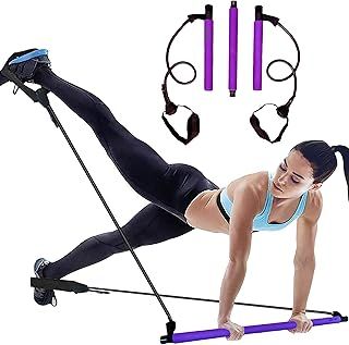 Pilates Bar Kit for Portable Home Gym Workout + 2 Latex Exercise Resistance Band, 3-Section Sticks - All-in-one Strength Weights Equipment for Body Fitness Yoga Squat