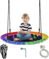 COSTWAY Children Nest Swing, 100cm Round Hanging Tree Swing Seat with 3/8 Modes LED Light & Length Adjustable Rope, Kids Saucer Swing Set for Garden Playground, 300kg Capacity (Rainbow)
