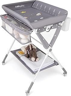 Folding Baby Changing Table, Hight Adjustable Infant Bath Massage Dresser Diaper Organizer with Storage Basket, Trash Can and Shelf, Portable Newborn Care Station (Gray)