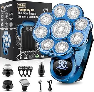 9D Electric Head Shaver for Bald Men, Upgraded 6-in-1 Wet/Dry Grooming Kit, Cordless Rechargeable Travel Gift