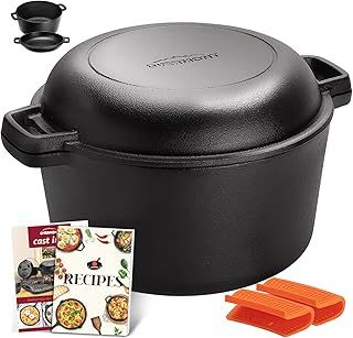 Overmont 2 in 1 Cast Iron Dutch Oven with Cookbook Recipe 5 QT Dutch Oven Pot + 1.6 QT Dual Function Skillet Lid Pre Seasoned with Handle Covers for Camping Home Cooking BBQ Baking