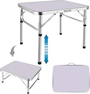 Folding Tables Picnic Table with 2 Adjustable Height, Fold Up Camping Outdoor Bench Dinning Table, Small Bed Working from Home Sofa Study Lightweight, White, 2ft -23.6'' x 17.7'' x 10''/22''