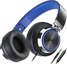 Ailihen C8 Headphones Wired with Microphone Foldable and Adjustable On-Ear Headsets Volume Control HD Stereo Sound 3.5mm Jack for Chromebook, Laptop, Smartphone, Study, Office, Travel (Black/Blue)