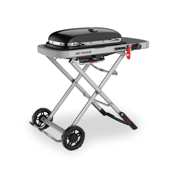Weber Traveler Portable Gas Grill/Foldable Design with Wheels, Automatic Lid Lock and Built-In Lid Thermometer, Single Burner, 63 x 34 cm Cooking Area, 111 cm Width, Black (9010074)