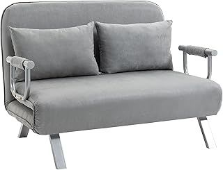 HOMCOM 2 Seater Sofa Bed, Click Clack Convertible Bed Settee, Modern Velvet Feel Fabric Sofa Couch with 2 Cushions for Living Room, Bedroom, Guest Room, Light Grey