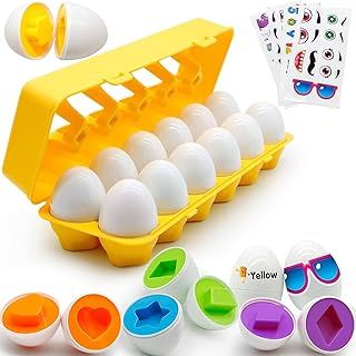 MOONTOY Matching Eggs for Toddlers, 12PCS Preschool Educational Learning Color & Shape Recognition Toy– Montessori Geometric Easter Egg Toys– Sorting Fine Motor Skills, Easter Gifts Basket Stuffers