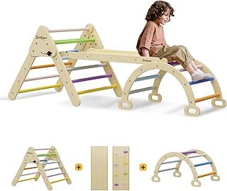 BanaSuper Colorful 3 in 1 Climbing Triangle Ladder with Ramp & Arch Triangle Climber Set Montessori Climbing Toys for Kids Indoor Playground Play Gym Gift for Children
