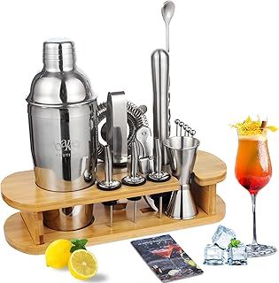 Baker Boutique Cocktail Shaker Set, 17pcs Cocktail Making Set, 750ml Cocktail Shaker with Wooden Display Stand & Cocktail Book, Cocktail Set for an Awesome Drink Mixing Experience
