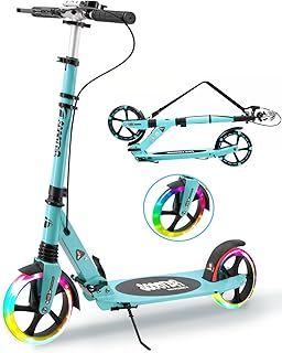 LED Light Wheels Scooter for Kids Ages 8-12 with Handbrake, 200mm Big Wheels Scooter for Adults with Carry Strap and Front Shock Absorption, Foldable Scooters for Teenagers 11-15