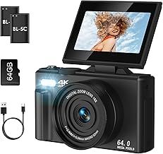 4K 64MP Autofocus Vlogging Camera with 64G SD Card, Compact Camera with 3.0 Inch 180° Flip Screen, 18X Digital Zoom for Kids, Teenagers, Beginners, Adults - White