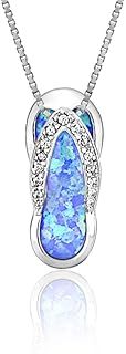 Honolulu Jewelry Company Sterling Silver Flip Flop CZ Accented Necklace Pendant with Simulated Blue Opal and 18" Box Chain, Metal, Opal