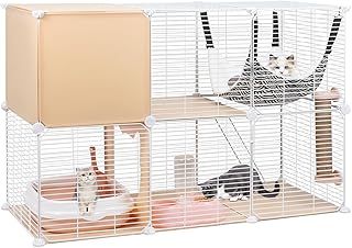 2 Tier Cat Cages Indoor, DIY Metal Wire Cat Enclosure Kennel Pet Home Small Animal House Detachable Cat Crate Indoor Catio with Cat Bed, Hammock, Scratcher, Bowl, Litter Box, Stairs