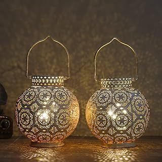 TRIROCKS Set of 2 Moroccan Style Metal Table Lamp 18cm H Battery Powered Cordless Lanterns with LED Fairy Lights Bulb Perfect for Home Living Room Parties Tabletop Indoors (White)