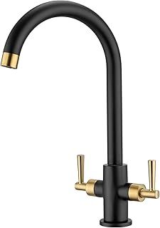 Kitchen Tap Dual Lever Monobloc Kitchen Mixer Taps 1 Hole Matt Black and Brushed Gold Sink Taps for Kitchens Twin Lever Swan Neck Sink Mixer Tap
