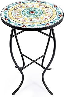 VONLUCE Mosaic Side Table and Plant Stand, 53.5cm Round Side Table with 36cm Ceramic Tile Top, Indoor and Outdoor Accent Table, Outdoor Patio Bistro Coffee Table for Home & Garden (Blue Mandala)