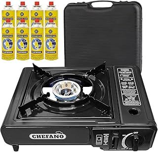 Portable Gas Cooker Camp Stove + 8 Butane Gas Canisters - For Outdoor Camping, Fishing, Cooking & BBQ | Premium Burner, Automatic Ignition & Heat Control, EN417 Compliant - Black Grill & Carry Case