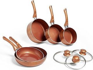 VonShef Pots & Pans Set, 5 Piece Induction Safe, Non-Stick Saucepan & Frying Pan Set, Easy Clean Copper Pots & Pans Set with Glass Lids
