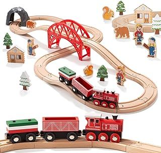 Giant bean Forest Theme Wooden Train Set for Toddler- 36PCS Expandable & Changeable Wooden Train Tracks Toy, for Kids Boys and Girls 3-7