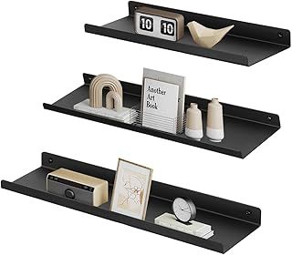 SONGMICS Metal Wall Shelves, Set of 3, Floating Shelves, Industrial Style, Decorations, Photo Frames, Trinkets, 6 Screws Included, Multiple Arrangements, Black LFS12BK