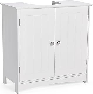 VonHaus Under Sink Bathroom Cabinet – White Under Sink Storage for Bathroom - Freestanding Under Basin Cabinet w/ 2 Shelves - Tongue & Groove Design Doors – Shaker Style Bathroom Furniture – Holbrook