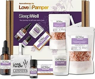 SLEEP WELL - Lavender Aromatherapy Pamper Gift Sets For Women Wellness, Essential Oil, Massage Oil,Himalayan Bath Salt,Soy Candle, Spa Lux Hand Made Soap, Lavender Seed Pillow Pouch