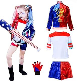 Quin-n Costume Kids, Fancy Dress Carnival Halloween Villain Costume Include Jacket T-shirt Shorts Choker Glove, Halloween Carnival Cosplay