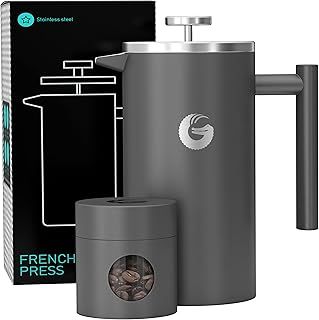 Coffee Gator Cafetiere - 1L French Press Coffee Maker with Jar - Large Capacity Double-Wall Insulated Stainless Steel Brewer - Hotter for Longer,Gray