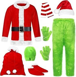 Angenster Santa Claus Costume Set, 9Pcs Santa Costume Adult Furry Christmas Costume Adult with Hat Top Mask Scarf Pants Bag Gloves Belt Footmuffs, G-rinch Outfit Santa Suit for Parties