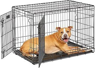 MidWest Homes for Pets Newly Enhanced Life Stages Double Door Medium Folding Metal 91.44 cm (36-Inch) Long Dog Crate w/Divider Panel, Floor Protecting Feet, Leak-Proof Dog Pan, Med Dog, Black, 1636DDU