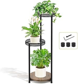 KAZITOO 4 Tier Metal Plant Stand Pot Stand Indoor Outdoor, Corner Plant Holder Flower Shelf for Multiple Plants, Modern Plant Display Rack with Wooden Plate for Office Garden Balcony Patio, Square