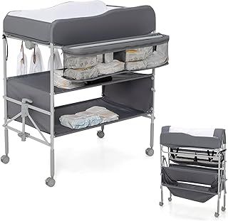 COSTWAY Baby Changing Table, Folding Nursery Changing Station with 4 Lockable Wheels, Rail, Storage Basket & Shelves, Height Adjustable Newborn Bath and Changer Unit Organizer (Grey)
