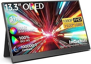 Intehill Oled Portable Monitor 13.3 inch Portable Gaming Monitor 1080P Response Time 1ms Vivid Color 10bit 100% DCI-P3 100000:1 High Brightness HDR Support with USB Type-C Mini HDMI Port F13NA