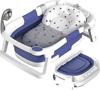 Rabb 1st Baby Bath Tub Foldable,Portable Bath Newborn to Toddler with Non-Slip Mat,Drain Hole,No Thermometer,Blue