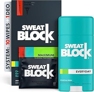 SweatBlock Antiperspirant Deodorant Max Clinical System for Men & Women. Treat Hyperhidrosis, Excessive Sweating & Underarm Odor - DRIBOOST [PM] Antiperspirant Wipes + [AM] Daily Deodorant Stick