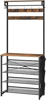 HOOBRO Coat Stand, Coat Rack with Shoe Storage, Hall Tree with Tiltable Mesh Shelves, 4 Removable Hooks, Side Storage Pocket, Shoe and Coat Rack for Hallway, Living Room, Rustic Brown EBF75MT01