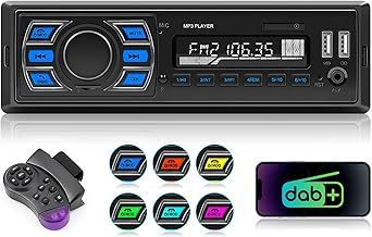 Hikity DAB/DAB+ Car Radio Bluetooth 5.0 Hands-free, Single Din Player with FM/AM Radio/LCD Clock /7 LED Colors Lights/Dual USB Port/AUX/TF/SWC, Supports Subwoofer