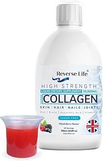 Reverse Life High Strength Marine Collagen for Skin, Hair, Nails and Joints, Hydrolysed Peptide Drink Infused with Hyaluronic Acid, Vitamin C, D and Biotin, Mixed Berry Flavour, 500ml