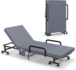 COSTWAY Folding Sofa Bed with Mattress, Wheels and Side Pocket, 6-Position Adjustable Couch Sleeper Chaise Lounger, Portable Convertible Single Guest Bed for Home Office Camping (Grey)