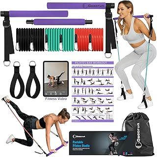 Portable Pilates Bar and Resistance Band Bar with Handles, Includes Door Anchors, Ankle Strap and Extension Straps - with Fitness Posters and Videos