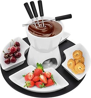 Ceramic Chocolate Fondue Pot Set,Cheese Fondue Sets-with 4 Forks and 4 Dishes,Ceramic Butter Warmer Set,Non Electric Fondue Set Heated with a Tealight,for Cheese Caramel (White)