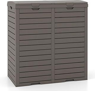 COSTWAY Outdoor Double Bin Trash Can, 235L Waterproof Resin Garbage Can Container with Drip Tray, Dual Lid Closure Design and Handles, Outside Waste Trash Bin for Garden Patio Backyard